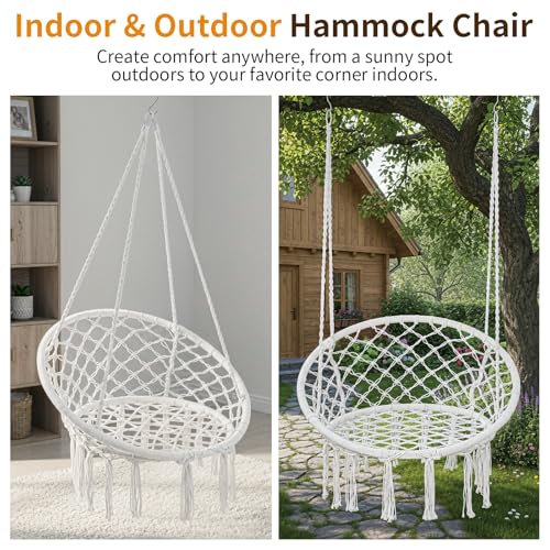 Image of Garpans Hammock Chair Macrame Swing Bohemian Style Hammock Swing Chair with Tassels Hanging Swing Chair Handmade Knitted Cotton Rope for Indoor Outdoor Bedroom Patio Max 330 Lbs White