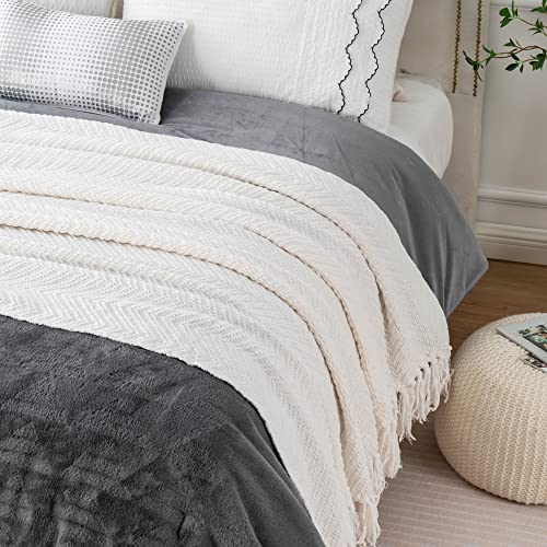Battilo Home White Throw Blanket For Couch, Knit Woven Blanket Versatile For Chair, Super Soft Warm Decorative Blanket With Tassels For Bed, Sofa And Living Room, 60"X80" #TOP4