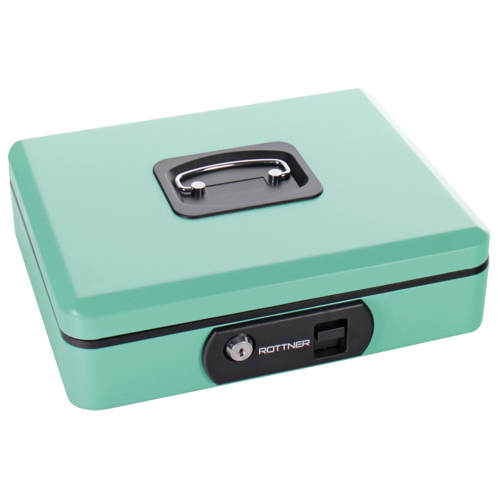 Rottner cassetta portavalori Pro Box Two turchese, serratura a cilindro con 2 chiavi, (LxHxP) 30 x 9 x 24 cm, con scomparto per contanti nero, maniglia per trasporto retrattile