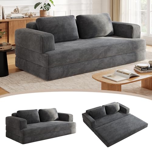 Wumagin Sofá Cama 2 Plazas 160 cm, Sofá de Suelo Modular con Función de Dormir, Sofá de Nubes de Pana con Cojín para Sala de Estar y Dormitorio (Gris)