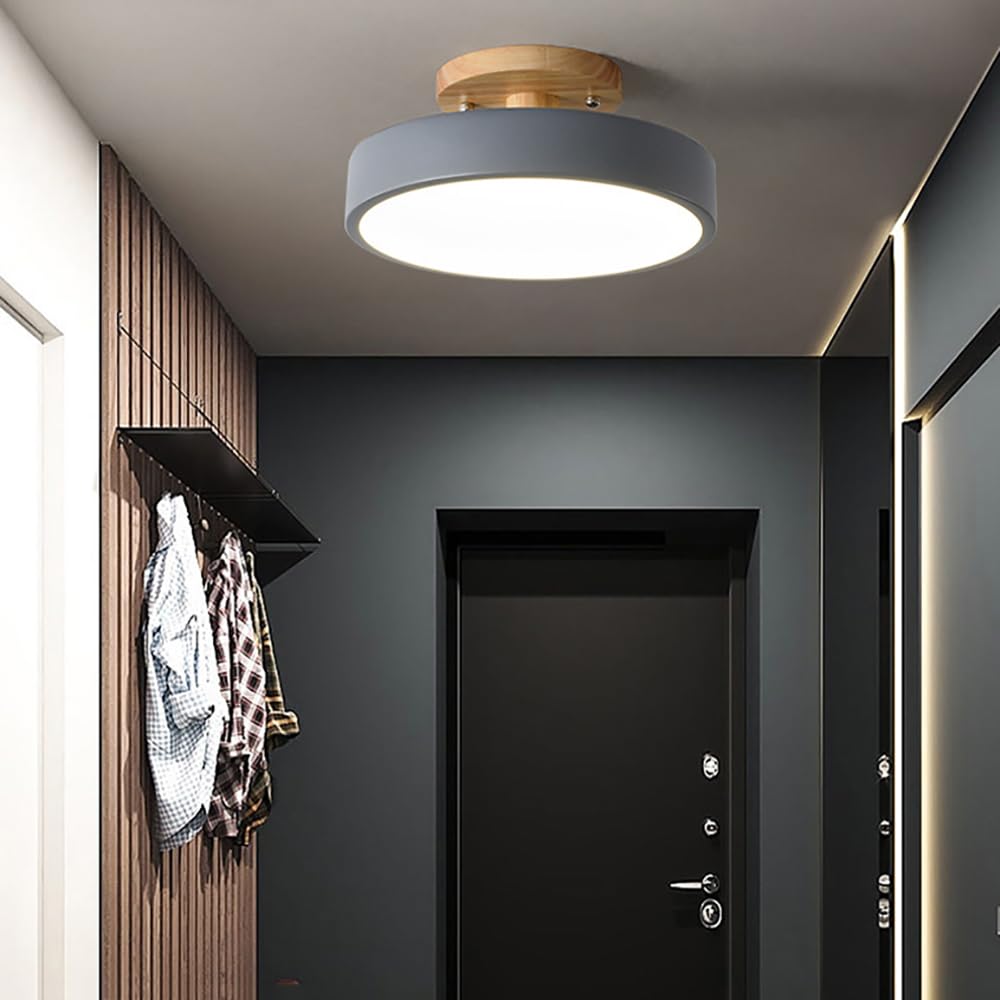 Lampa sufitowa LED, 1 ściemniana lampa, 23 cm (9 cali), nowoczesny styl, podtynkowa, drewniana, 12 W, do salonu, sypialni, kuchni, kuchni, regulowana temperatura barwowa, szara.
