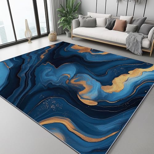 Tapis de salon moiré marbré bleu or prestige 140x200 - 5