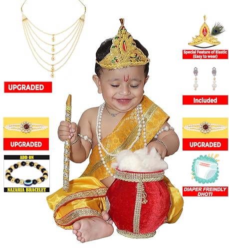 Image of Krishna Dress for Kids, Baby Krishna Dress for Janmashtami with Krishna Mukut, Peacock Feather & Flute Embroidered Krishna Costume for Girl & Boy, 3 Months-8 Years