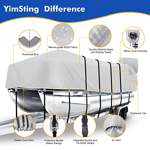 Yimsting 900D Pontoon Boat Cover With Support Pole And Motor Cover, Upgraded 900D Heavy Duty Waterproof Marine Grade Canvas, 17-20 Ft, Grey #TOP6