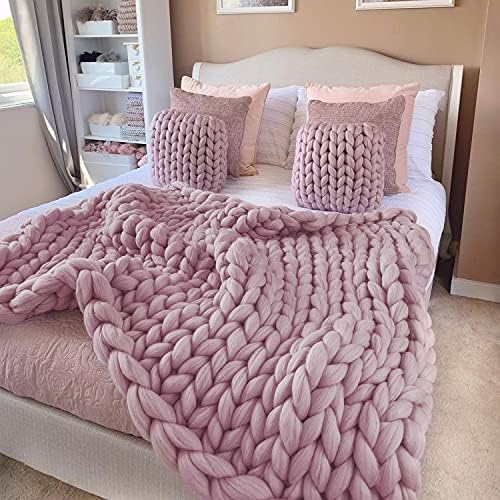Ganlinia Chunky Knit Blanket Merino Wool Blend Giant Yarn Soft Cable Knitted Throw Handmade Home Decorate, Grey Pink, 30"x40"