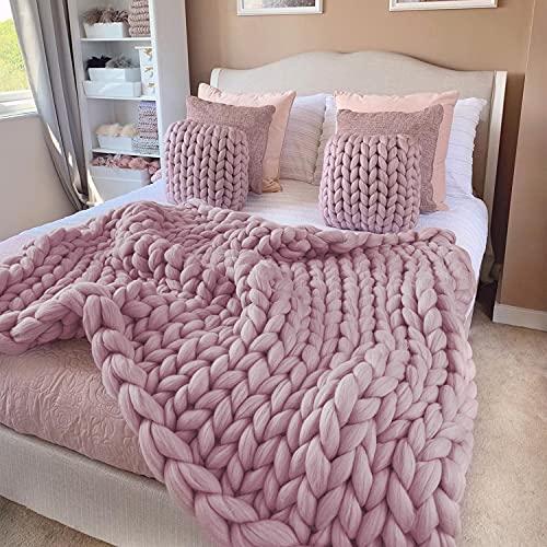 Ganlinia Chunky Knit Blanket Merino Wool Blend Giant Yarn Soft Cable Knitted Throw Handmade Home Decorate, Grey Pink, 30"X40" #TOP2