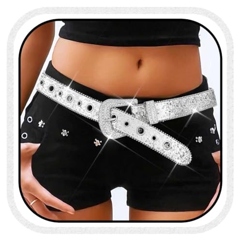 COSYDAYS Rhinestone Belt Silver Sparkly Y2K Jeans Belts Cowgirl Bling for Women
