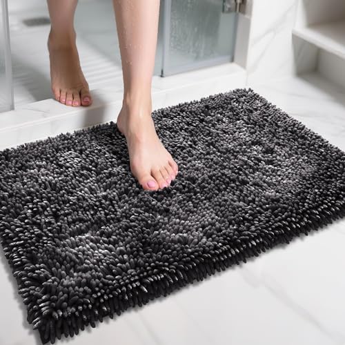 Image of Yimobra Chenille Bathroom Rugs Non Slip, Extra Thick Soft Absorbent Bath Rug 31.5x20 Inch, Machine Washable Quick Dry Bath Mat for Bathroom Floor, Tub and Shower, Home Decor Accessories, Dark Grey