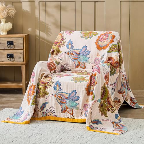 Image of XIBLC Boho Throw Blanket 100% Cotton Vintage Blanket Muslin Woven Flower Decorative Throw Blankets All Season Bohemian Rustic Farmhouse Decor Quilt for Bed (Beige 90 inchx98 inch)