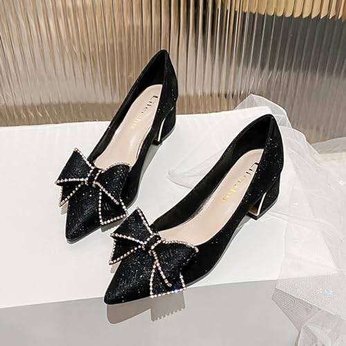 Women's Elegant Bow Low Chunky Heel Pumps Sexy Closed Pointed Toe Block Mid Heels Slip-On Formal Comfort Shoes for Weddings Proms.3