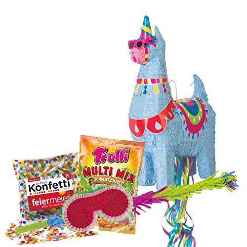 PartyMarty Lama Pinata Pinata-Set: LamaPinata Cooles Lama, Schläger + Maske + Konfetti aus Papier bunt, 50g, GmbHu00ae für Geburtstag