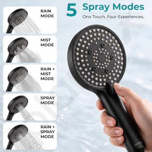Image of Plantex Bathroom Hand Shower Full Set /5 Mode Handheld Shower with 1.5m Hose Pipe & Self-Adhesive Shower Holder /ABS Hand Shower for Bath- (Black, Combo)