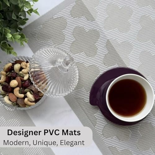 Image of Livmodern Premium PVC Dining Table Mats for 6 Seater| Woven PVC Placemats | Heat Resistant & Anti Skid Table Mats| Wipeable & Washable Set of 6-Silver Clover