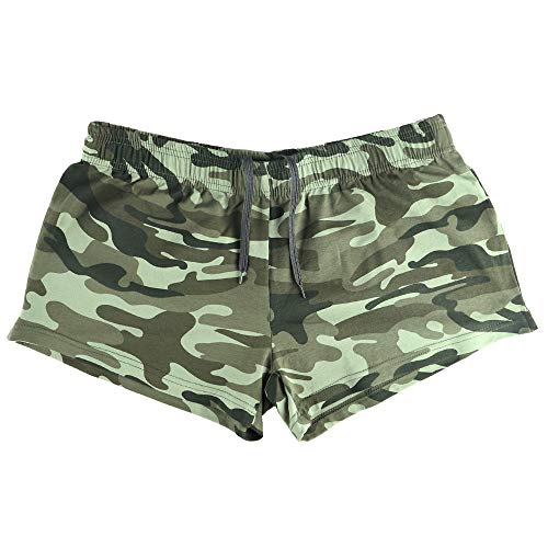 Palglg Mens Bodybuilding Shorts 3 Inch Inseam Drawstring Closure Cotton Camouflage Green M #TOP18