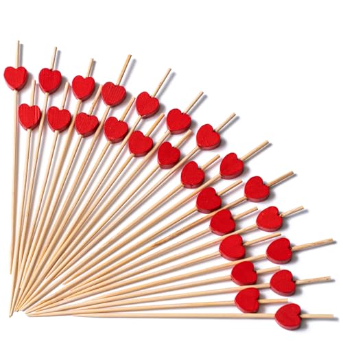 PuTwo Valentine's Cocktail Picks 4.7 Inch 100pcs Red Heart Bamboo Skewers Toothpicks for Appetizers Food Drink Fruit Sandwich BBQ Valentine's Day Galentine's Wedding Cocktail Party Charcuterie Boards