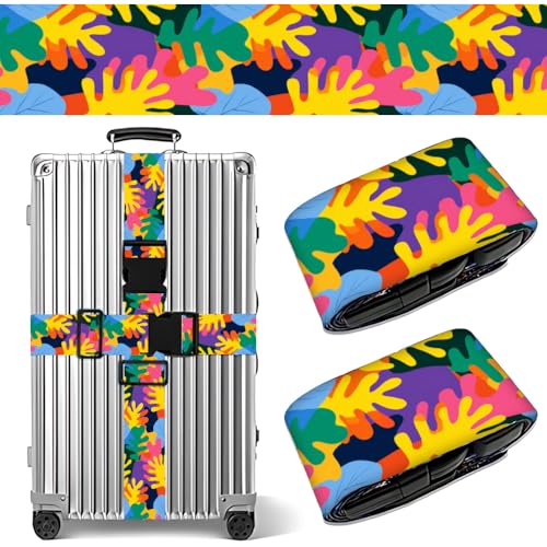 Image of 2 Pack Luggage Straps for Suitcases, Adjustable Travel Belt with Buckle, 2 inch Wide Heavy Duty Suitcase Straps for Summer Vacations, Artistic Tropical Leaf Pattern, Travel Essentials, Multi