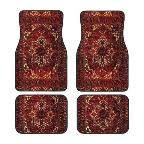 Oriental Rug Design in Dark Red Car Front and Rear Floor Mats, Anti Slip Car Mats, Complete Set of 4 Carpets, All Weather Protection Cover