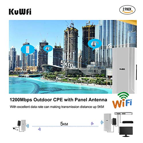 KuWFi 2-Pack Outdoor 5KM Point to Point Wireless Bridge High Power Wireless Access Point 11AC 1200Mbps 2.4&5.8G Extender WiFi Repeater for IP Camera POE Switch WiFi Coverage 48V POE Included