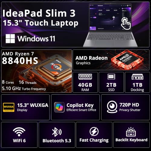 Image of Lenovo IdeaPad Slim 3 15.3 inch WUXGA Touch Laptop, AMD Ryzen 7 8840HS, 40GB RAM, 3TB Storage(2TB SSD +1TB Docking Station), AMD Radeon 780M, Wi-Fi 6, Backlit Keyboard, Webcam, Win 11, Gray