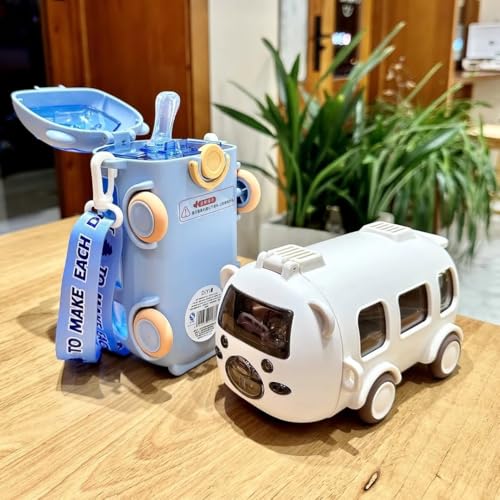 Image of PLUSPOINT Bus Water Bottle for Kids Detachable Straw Water Cup with Shoulder Strap Leak-Proof Kids Drink Cup Cute Cartoon Water Jug Toy with Wheels Toddler Water Bottle for Boys and Girls