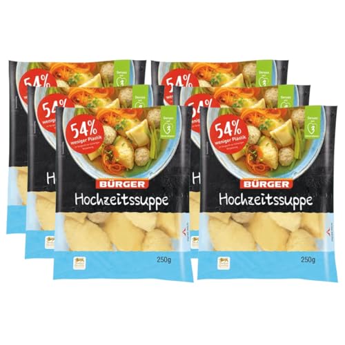BÜRGER Hochzeitssuppe 250 g Beutel – traditionelle deutsche Suppe mit Maultaschen, Brät- und Grießklößchen, herzhaft & lecker, 6 x 250 g Beutel