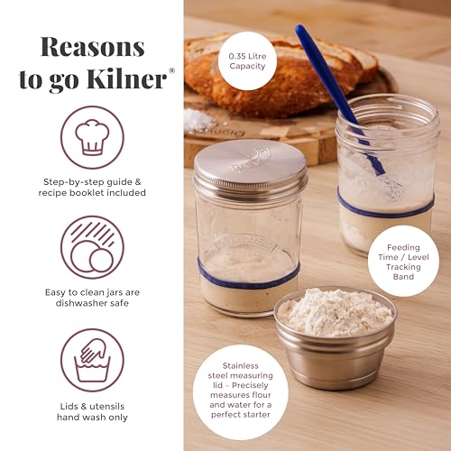 Kilner Sauerteig Starter Set 5-teilig / 350 ml / Glas mit Messbecher-Deckel, Weithals-Glas, Gummiringe & Teigschaber / selber machen von Sauerteig-Brot oder Pizzateig | Brot backen Zubehör