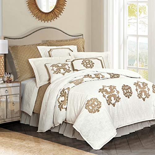 HiEnd Accents Madison Super Queen Duvet Cover, Oatmeal Medallion Applique Bedding, Classic Casual Comforter Cover