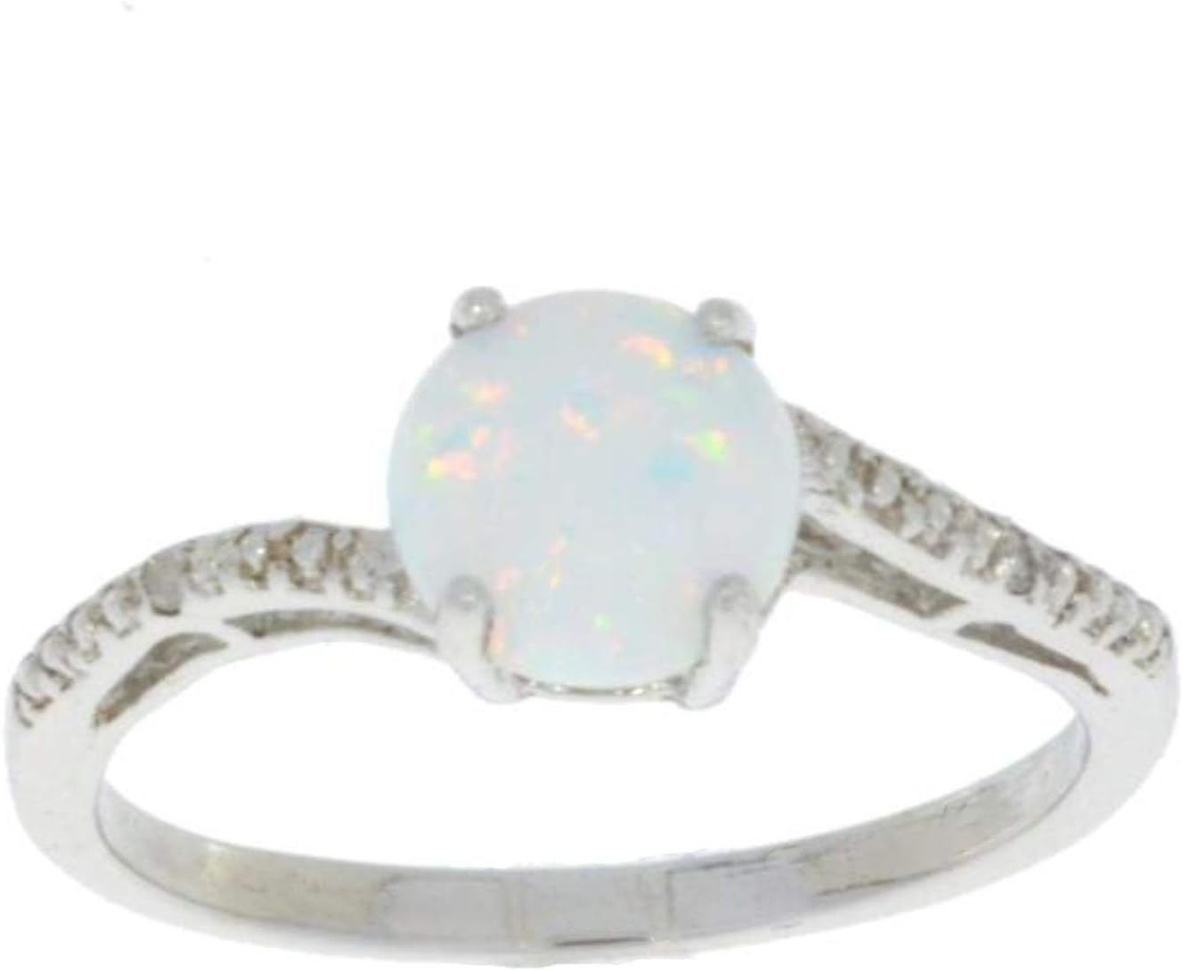 Elizabeth Jewelry Simulated Opal & Diamond Round Ring .925 Sterling Silver Rhodium Finish