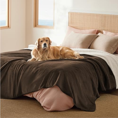 Image of Bedsure Waterproof Blanket for Bed - Sherpa Fleece Waterproof Dog Blankets for Large Dogs, Pet Blankets for Bed /Couch /Dog Crate, Soft Plush Reversible Furniture Protector, Queen Size, 90 inchx86 inch, Brown
