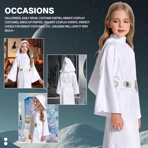 Disfraz completo de princesa para niñas túnica blanca con capucha miniatura 6