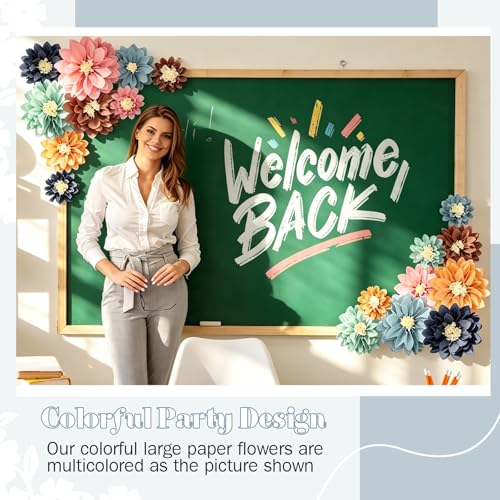 Image of Geyee 18 Pcs Mexican Paper Flowers Colorful Fiesta Tissue Paper Flowers Pom Poms Mexican Carnival for Floral Party Backdrop Wedding Birthday Party Craft(Boho Color,6 inch 8 inch 10 inch)