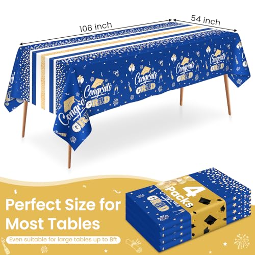 Image of LANLISA 4 Pack Graduation Tablecloth Disposable, Graduation Decorations 2026, Gongrats Grad Table Cloths for Graduation Party Supplies, Class Blue Gold Tablecover, 54 inchx108 inch