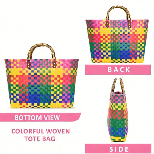 Bolso Tote grande para playa estilo boho con asas de bambú miniatura 7