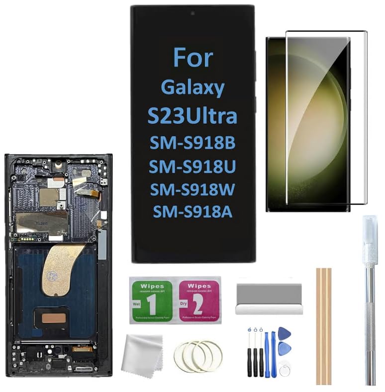 Galaxy S23 Ultra LCD Screen with Frame Replacement for Samsung Galaxy S23 Ultra SM-S918U S918A S918W LCD Screen Display Touch Digitizer with Frame+Tool (Black)