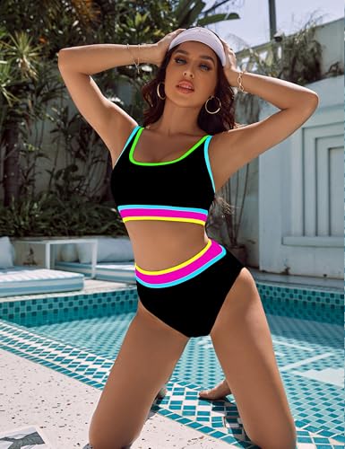 Image of BMJL Women's High Waisted Bikini Sets Sporty Two Piece Swimsuits Color Block Tummy Control Modest Bathing Suit