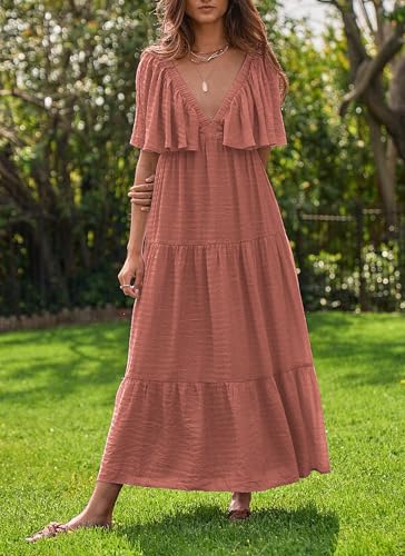 Image of Kikibell Women Summer Dresses Sexy V-Neck Maxi Dress Tiered Silhouette with Flutter Sleeve Backless Elastic Waist Flowy Dress