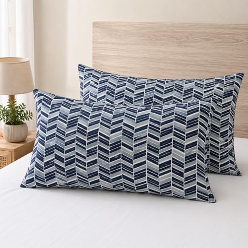 Image of Cotton Pillow Cover Set (1 Pair) | 20x30 Inch | Soft Breathable Cotton Fabric - Comfortable, Durable & Easy Care - 2 Pcs Set | Navy Chevron Stripe Print