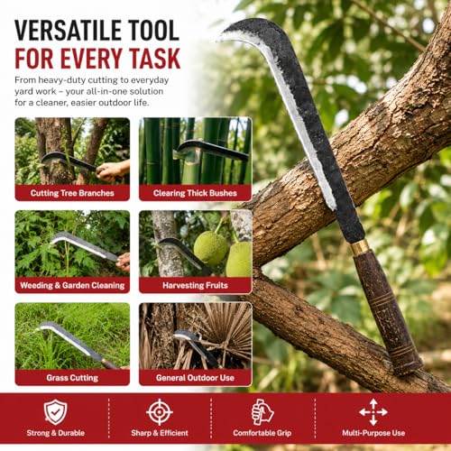 Image of Grass Cutter Sickle (Pullu Veeshi) - Heavy Duty Hand Forged High Carbon Steel Blade with Wooden Handle | Multipurpose Agriculture Tool for Grass, Weed & Farming Use