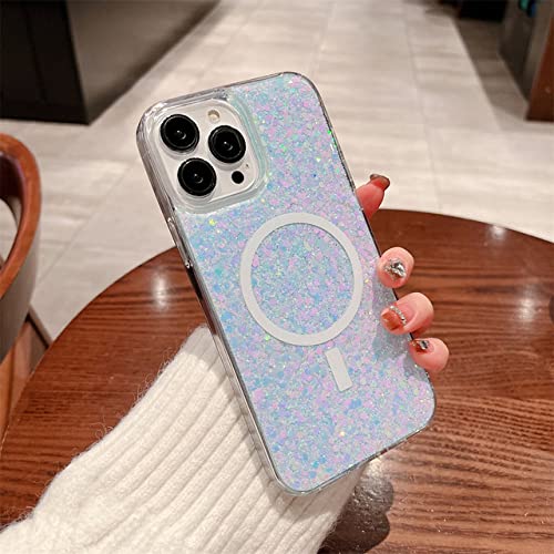 Étui de charge magnétique iPhone 14 Plus haut de gamme bleu paillettes de luxe