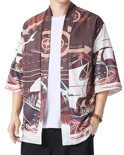 PRIJOUHE Men's Japanese Kimono Cardigan Jackets Casual Long Sleeve Open Front Coat Lightweight Yukata Outwear