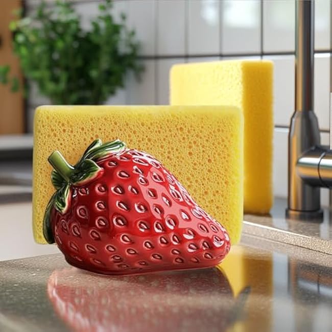 WAIT FLY Ceramic Strawberry Shaped Sponge Holder for Kitchen Sink Counter, Sponge Dish Rack, Sink Caddy Organizer, Strawberry Scouring Pad and Dish Sponge Holder