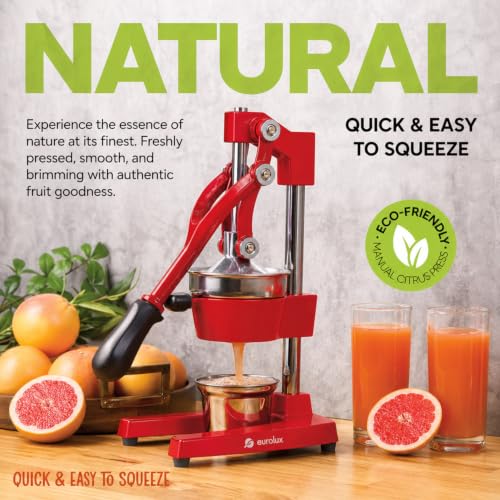 Image of Eurolux Ultra-Premium Cast Iron Juicer | Extra-Large, Heavy Duty, Commercial Grade, Stainless Steel Manual Hand Press Citrus Squeezer For Fresh Orange Juice, Pomegranate, Lemon, and Much More (Red)