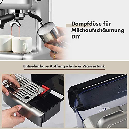 Foto von DREAMADE Siebträgermaschine Kaffeemaschine Edelstahl, Espressomaschine mit PID-Temperaturregler & Mahlwerk, Kaffeepadmaschine mit 2L Abnehmbarem Wassertank für 1-2 Tassen, Silber