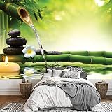 wall26 - Rocks and Flowers Over Bamboo Branches on a Lake with a Waterfall - Wall Mural, Removable Sticker, Home Decor - 66x96 inches