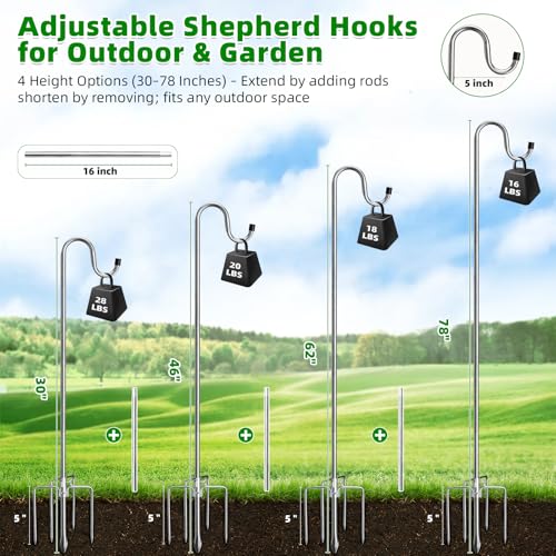 Image of COCONUT 78 Inch Shepherds Hook for Bird Feeder, 5 /8 Inch Width Heavy Duty Adjustable Outdoor Shepherd Hooks with 5-Prong Base for Lanterns Planting Hanger Weddings Decor, Silver