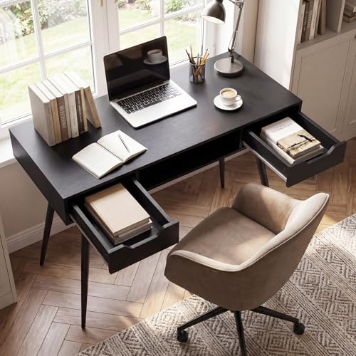 Image of Tangkula Mid Century Modern Computer Desk, Writing Desk with 2 Drawers & Open Center Storage, Small Wooden Study Table for Home Office & Compact Spaces (Black)