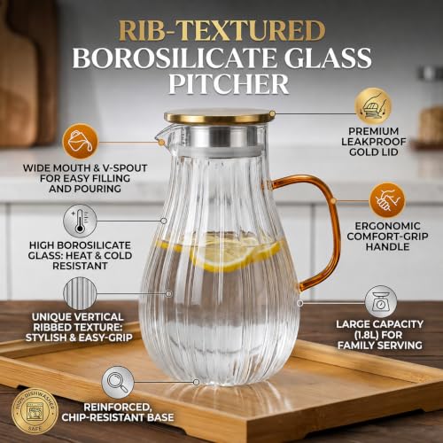 Image of Glass Water Jug - 1800ml, Transparent Water Serving Jug, Hot Cold Water Pitcher with Lid Water Jug, Iced Tea, Milk and Juice Beverage Carafe, Lemon Jug (Ribbed Jug)