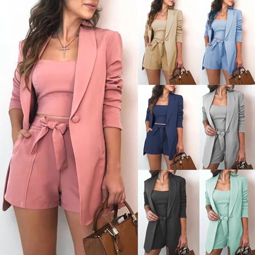 CHARTOU Women 3 Pieces Short Blazer Set Belted Shorts Suit Vest 1 Button Jacket Crop Top Business Casual Outfit3
