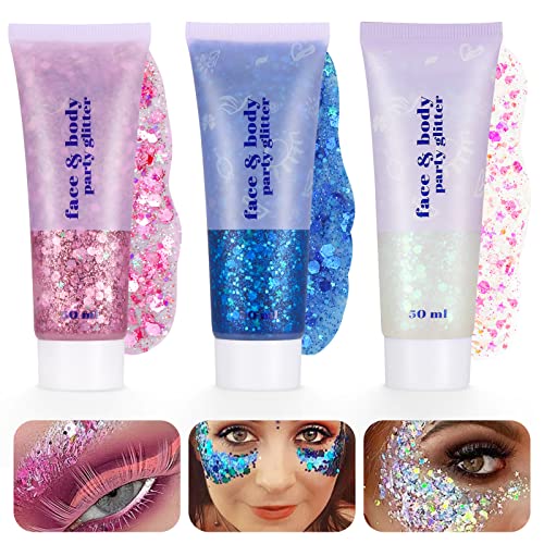 3Pcs Body Glitter Gel Kit 50ml Mermaid Sequins Chunky Glitter Liquid Gel for Face Body Eye Hair Nail DIY Art Festival Party Makeup Decoration