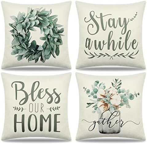Dremisland Throw Pillow Covers 18x18 Inch Set of 4 Eucalyptus Wreath Vase Decorative Pillow Cases Green Plants Linen Cushion Covers Outdoor Sofa Couch Farmhouse Home Decoration
